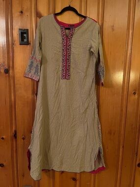 J. Pret Embroidered Beige & Pink Women's Kurta Dress